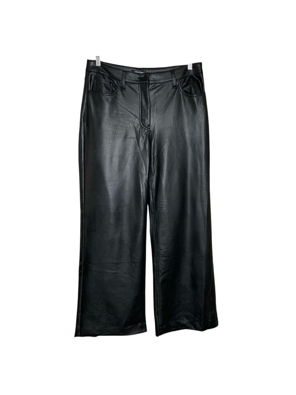 Black Faux Leather Pants Wide Leg Sz 12 p Washable Classic Staple Trousers